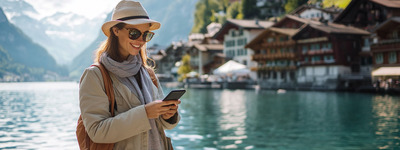 Checking the phone in a picturesque location