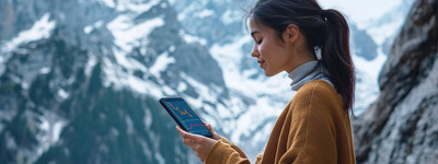 Mujer analizando acciones en las montañas