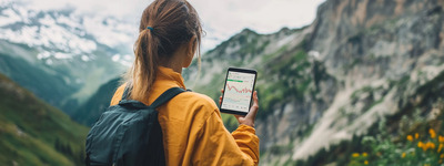 Mujer con teléfono inteligente en sendero de montaña